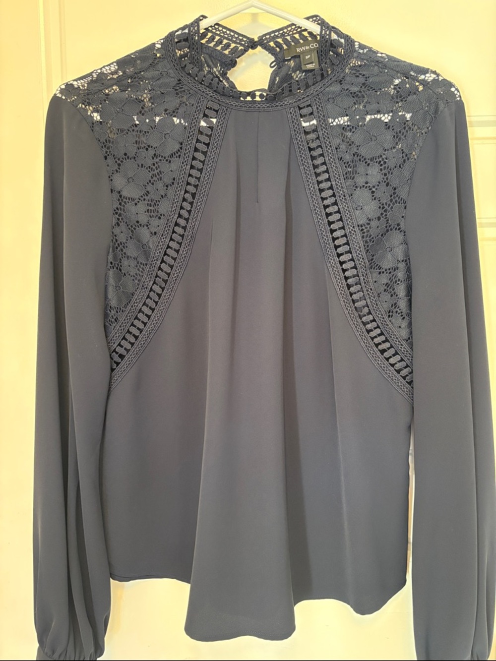 RW&CO. Navy Lace Yoke Long Sleeve Blouse